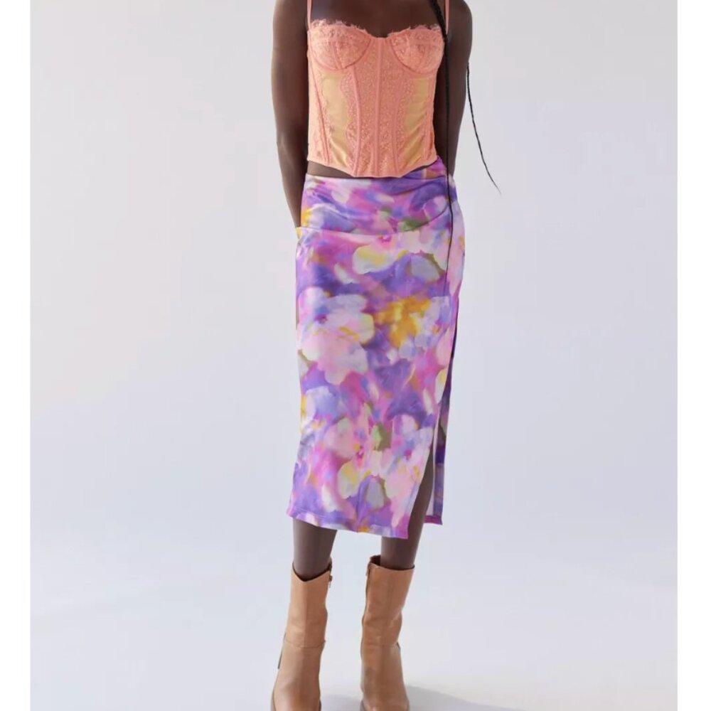 Urban Outfitters EDY Multicolor Floral Satin Midi Skirt